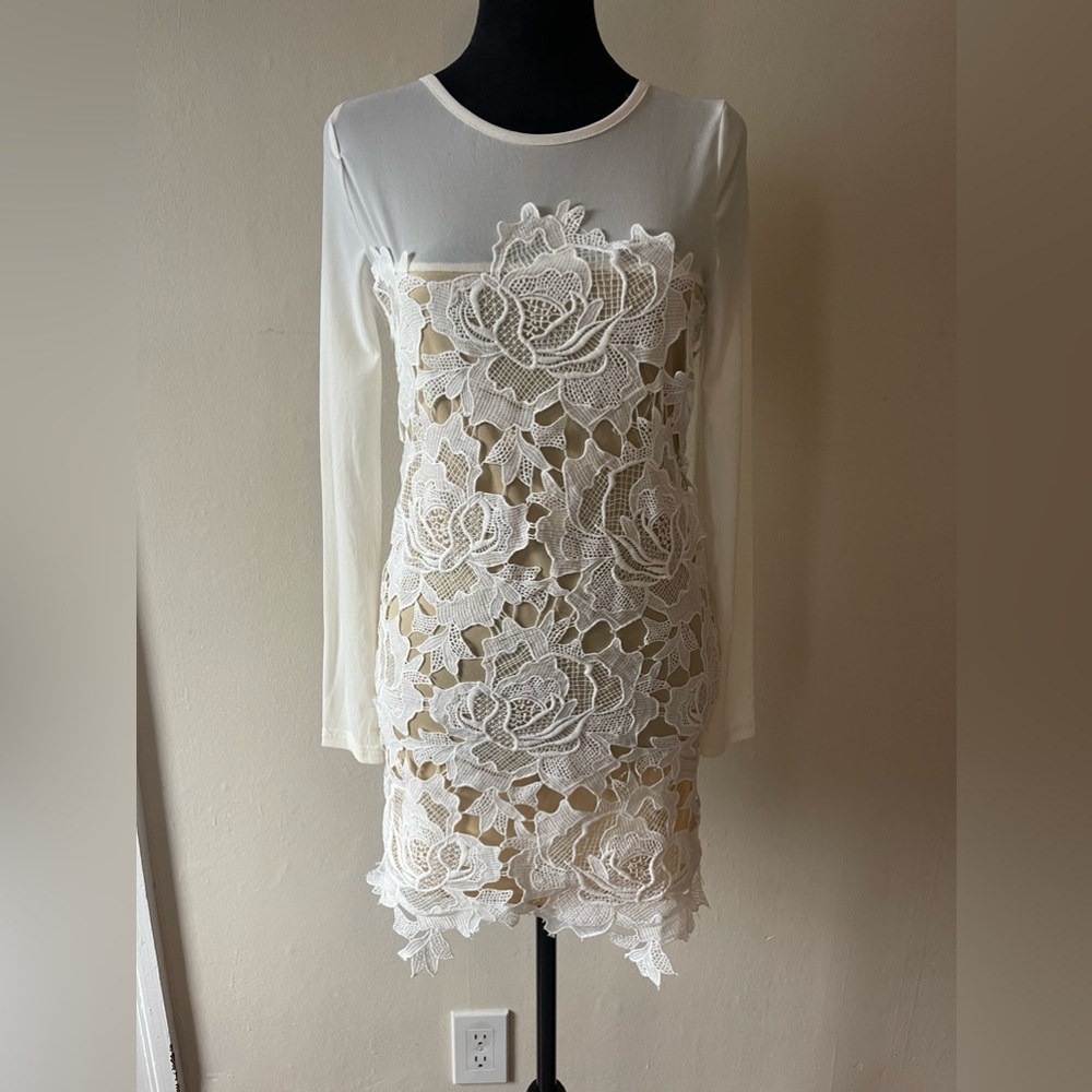 Love-cat lace/sheer mesh combo, off white dress, gold back zip, size L, like new